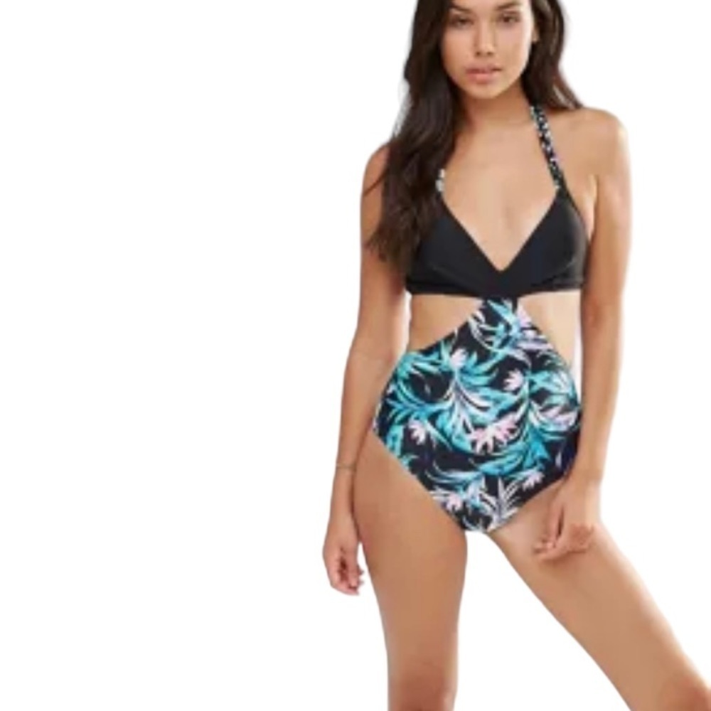 Ninety Nine Degrees Floral Cutout Swimsuit Size Medium NWT Neck Tie‎